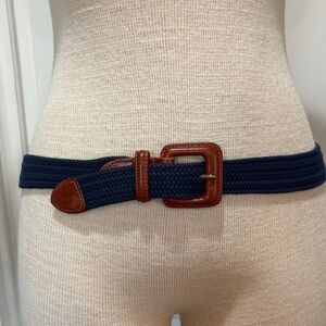 Talbots size medium leather and navy blue cloth woven stretchy belt